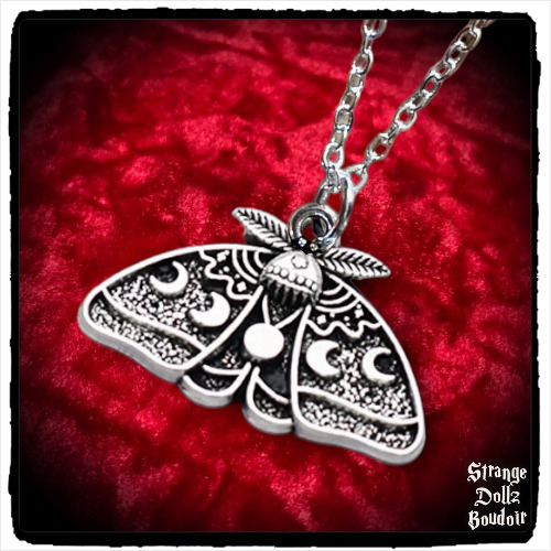 Lunar Moth necklace, Moonphase Celestial Witchy, Strange Dollz Boudoir