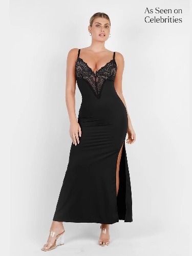 Shapewear Lace V Neck Side Slit Slimming Maxi Slip Dress | Black / XXL