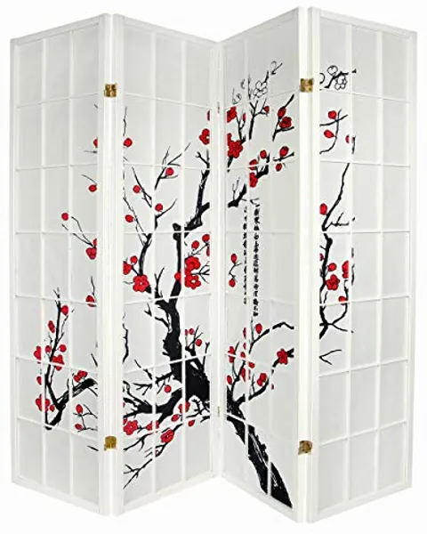 Legacy Decor 4 Panel Room Divider Privacy Screen Panel Blossom Shoji Design White Color 71 inches Tall