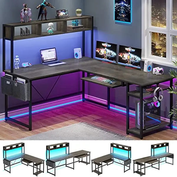 SEDETA L Shaped Desk, 94.5 Inch Office Desk, Reversible Corner Desk, L Shaped Desk with Led Lights, Keyboard Tray, Storage Shelves and Headphone Hook for Home Office, Grey