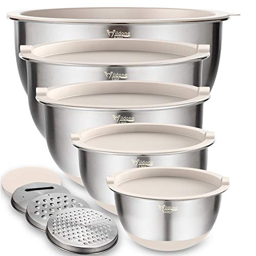 Wildone Mixing Bowls with Lids Set, 5PCS Stainless Steel Khaki Nesting Bowls with 3 Grater Attachments, Measurement Marks & Non-Slip Bottoms, Size 5, 3, 2, 1.5, 0.63 QT, Great for Mixing & Serving - Khaki