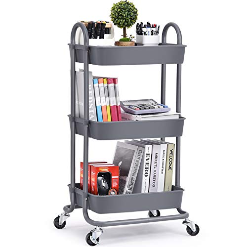 TOOLF Utility Rolling Cart with Lockable Wheels, Versatile Storage Organizer, Organizer Trolley with Wheels, Serving Trolley for Home, Dorm, Bedside,Office, Kitchen, Bathroom, Baby Nursery(Grey) - Grey