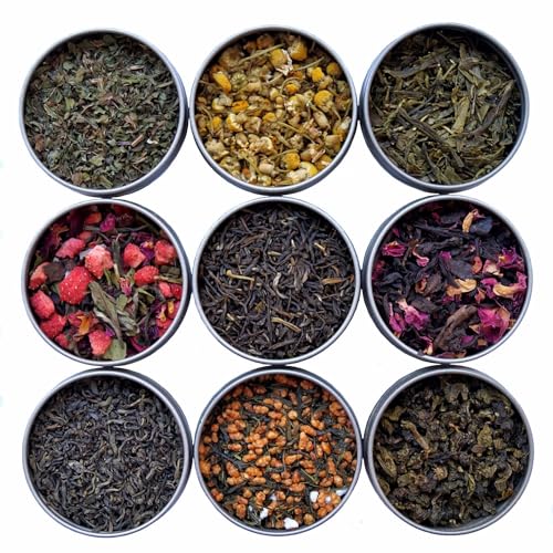 Heavenly Tea Leaves 9 Flavor Variety Pack, Loose Leaf Tea Sampler Gift Set (Approx. 90 Cups of Tea) - High to No Caffeine, Great Hot or Iced, Assortment of Green, Herbal, Black, & White Teas - 9 Flavor Variety Pack
