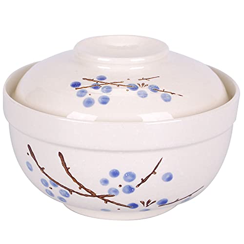 WHJY Japanese Creative Hand-painted Ceramic Tableware with Lid for Soup and Noodles, with Heat Preservation Function, Integrated Bowl and Lid - Blue Plum - Blue plum