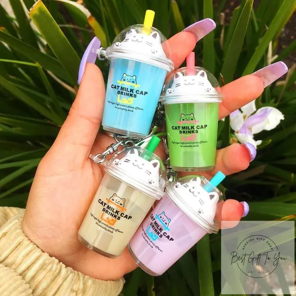 Boba Schlüsselanhänger, Bubble Milk Tea Schlüsselanhänger, Käse Schaumstoff Schlüsselanhänger, Schwarzer Perlen Schlüsselanhänger, Tapioka Ball Drink Design, Katze Schaumstoff Schlüsselanhänger