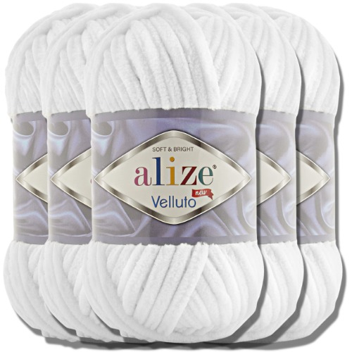 Alize 5x 100g Velluto türkische Wolle Super Bulky Chenillegarn Kuschelweich Babywolle Handstrickgarn zum häkeln weiches Chenille-Garn XXL-Knäuel für Amigurumi (White | 55)