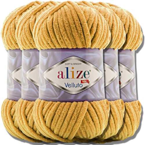 Alize 5x 100g Velluto türkische Wolle Super Bulky Chenillegarn Kuschelweich Babywolle Handstrickgarn zum häkeln weiches Chenille-Garn XXL-Knäuel für Amigurumi (Mustard | 2)