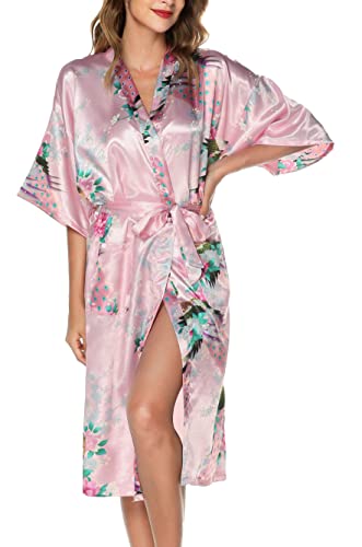 Lovasy Kimono Dressing Gowns Satin Kimono Robe Peacock And Blossoms Silk Dressing Gown for Women UK Long Silk Bride and Bridesmaid Robes - M - A-Pink