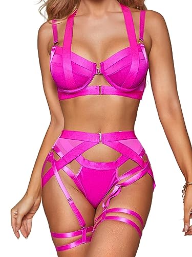 popiv Women's Lingerie Set 4 Pieces Suspender Lingerie with Thigh Cuffs Strappy Underwear Set with Garter Belt - S - Pink