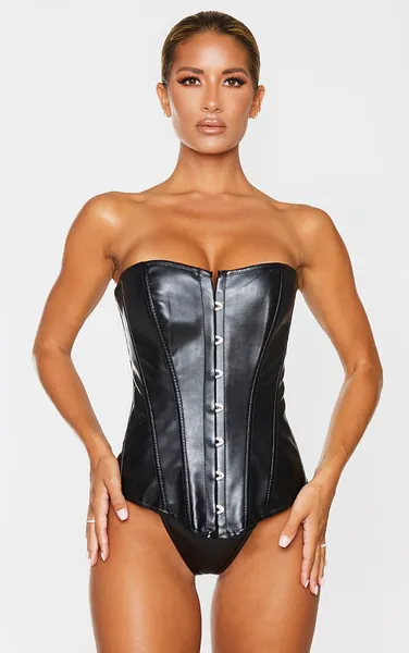 Black Faux Leather Front Hook & Eye Corset Set