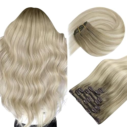 Sunny Blonde Clip in Hair Extensions Human Hair Ash Blonde Mix Golden Blonde Hair Extensions Clip in Real Human Hair Blonde Hair Clip in Extensions Double Weft 7pcs 120g 16inch - 18 Inch (Pack of 1) A-#16/22 HOT