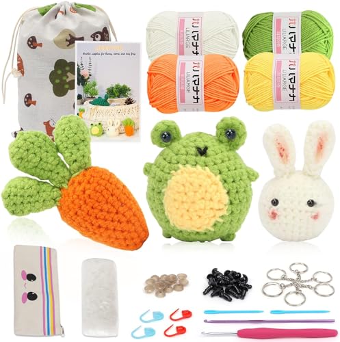 UHAPEER Beginner Crochet Kit, Cute Rabbit Carrot Frog, Complete Crochet Kit for Beginners, Crochet Beginners Kit with Step-by-Step Instruction and Video Tutorials, Crochet Kits for Adults and Kids - Rabbit Carrot Frog