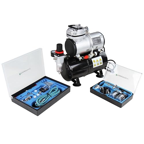 Timbertech Airbrush Kit With Compressor ABPST06 With 2 Basic Airbrushes for Hobby, Body Tattoo, Model Painting, Automotive Graphic, Make-up (110-120V)