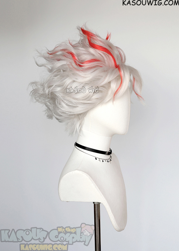 Dandadan Okarun Ken Takakura short pre-crimped wavy silver white wig with red streaks