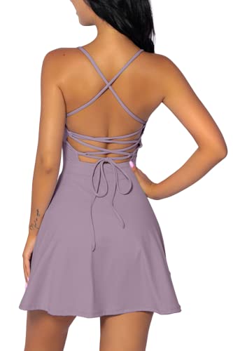 QINSEN Womens Two Pieces Tennis Dress with Shorts Workout Open Back Active Golf Dresses - Small - Dark Purple