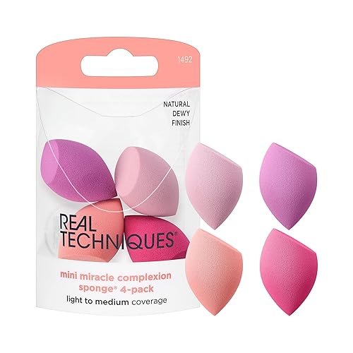 Real Techniques Mini Miracle Complexion Sponge 4 Pack, Small Makeup Blending Sponges, For Foundation & Concealer, Mini Size for Under Eyes & Touch-Ups, Travel Friendly, Natural Makeup, Latex-Free - Mini Sponges, 4 Piece Set