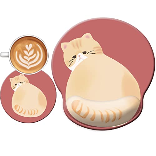 Cute Ergonomic Mouse Pad Wrist Support,[ 20% Larger] Game Wrist Rest Non-Slip Gel Anime Kawaii 3D Red Mouse Pads Rest, Cat Wrist Padwith Coaster,Easy-Typing,Pain Relief, Gaming Work Study Home Office - Cat