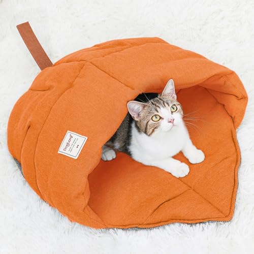 TANGN Cat Sleeping Bag,Cozy Cat Bed Cave Leaf Nest,Linen Fabric Pet Cuddle Zone,Covered Hide Warm Burrowing Soft Durable Washable Cat Bed for Indoor Puppy and Kitten(Maple Leaf Orange) - Orange