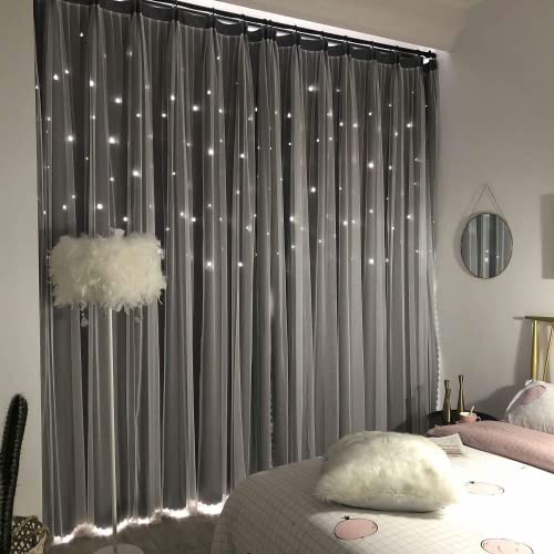 UNISTAR 2 Panels Stars Blackout and Sheer Curtains for Bedroom Girls Kids Baby Room, Double Layer Star Cut Out Living Room Window Curtain, W42 x L84 Inches Long, Grey - 84.00" x 42.00" - 2panels 丨double-layer,grey