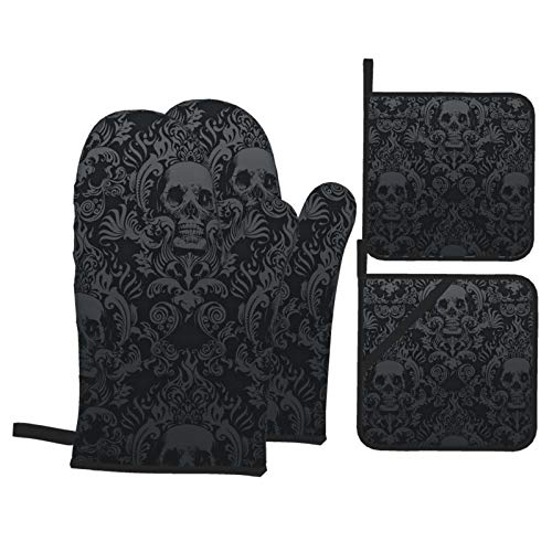 Victorian Gothic Black Skull Damask Oven Mitts and Pot Holders Sets of 4,Resistant Hot Pads with Polyester Non-Slip BBQ Gloves for Kitchen,Cooking,Baking,Grilling - One Size - Black