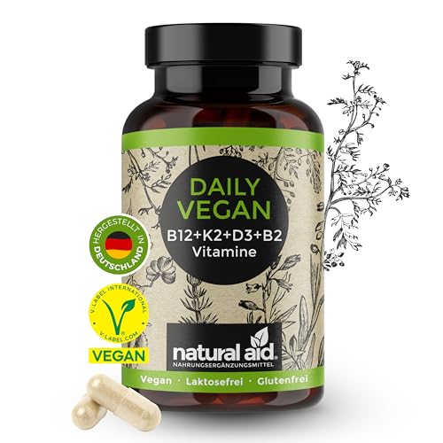 natural aid Daily Vegan Vitamin B Komplex [100% vegan] 120 Kapseln Vitamin B12 Vitamin D Vitamin K2 Vitamin B2 laborgeprüft o. Zusätze in DE B Komplex hochdosiert D3 K2 Kapseln Vitamin B12
