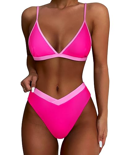 SUUKSESS Women Triangle High Cut Bikini Sets Sexy High Waisted 2 Piece Swimsuit - Large - 57 Pink Color Block