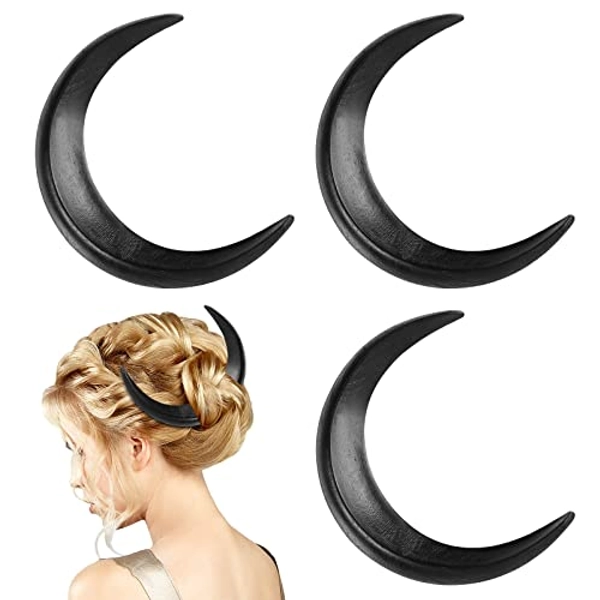3 Pcs Moon Hair Fork Moon Hairpin for Women 5.12'' Moon Hair Stick Hand Carved Hair Clip Thin Long Moon Hair Accessories Wooden Moon Barrettes Lightweight Hair Styling Tool (Black)