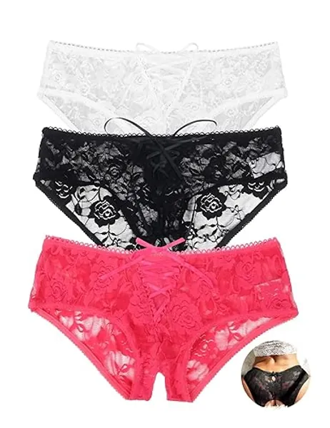 ohyeahlady Womens Sexy Lace Underwear Soft Stretchy French Knickers Plus Size Low Rise Thongs Underpants Criss Cross Lace Up Tanga Briefs - 12-14 - Black+white+pink