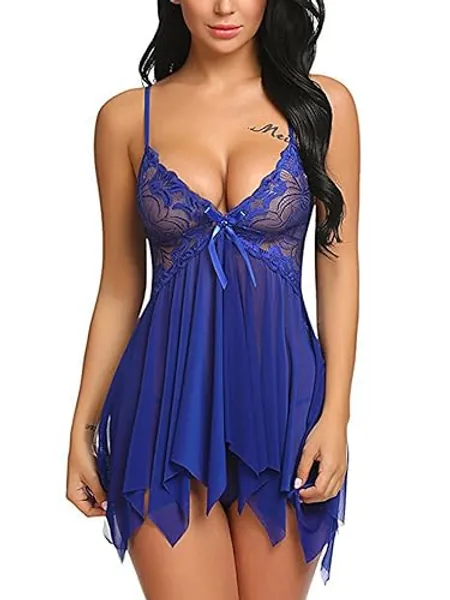 Bunanphy Women Lingerie Set Soft Babydoll Lace Cup Sling Nightwear Mesh Chemise Teddy Sleepwear Dress 8-32(L-4XL) - 12-14 - C-blue