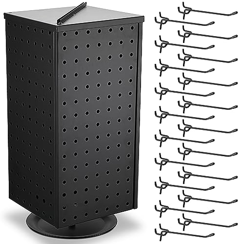 Wesiti Pegboard Metal Rotating Display Stand with 20 Hooks 4 Sided Spinning Peg Board Displays Jewelry Earring Display Stands Craft Keychain Rack Necklace Holder for Retail Table Counter (Black,17") - Black - 17"