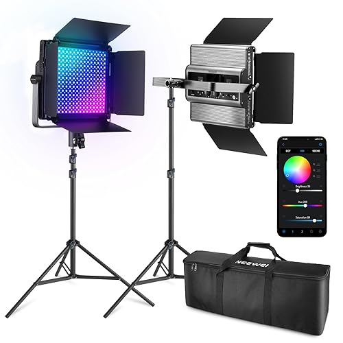 NEEWER 2 Pack RGB1200 LED Video Light with APP/2.4G Control, 60W Photography Video Lighting Kit with Stands & Bag, 22000Lux@0.5m/1% Precise Min Dimming/360° RGB/ CRI97+/TLCI98+/2500K-8500K/18 Effects