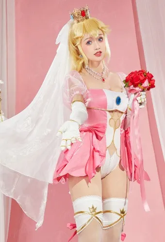 Miccostumes x Mobbunny x Princess_Ailish Bride Peach Wedding Cosplay Costume Suit Pink Sexy Bridal Bodysuit with Veil Stockings