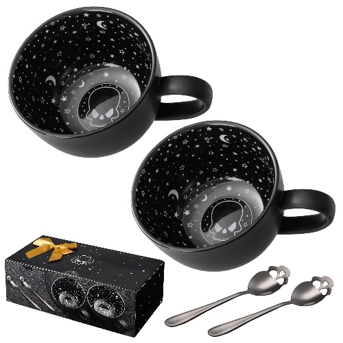 CALATOUR Set Of 2 Midnight Skull Coffee Large Mugs With Skull Spoons In Gift Box ,Cute Halloween Spooky Witch Gifts Goth Decor Cool Novelty Tea Cups ,21oz/620ml Porcelain(Midnight Black)