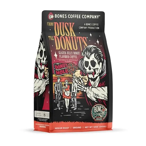 Bones Coffee Company From Dusk Till Donuts Jelly Donuts Flavor | 12 oz Ground Coffee Beans Flavored Coffee Gifts | Low Acid Medium Roast Gourmet Coffee Beverages (Ground) - Jelly Donuts (Ground)
