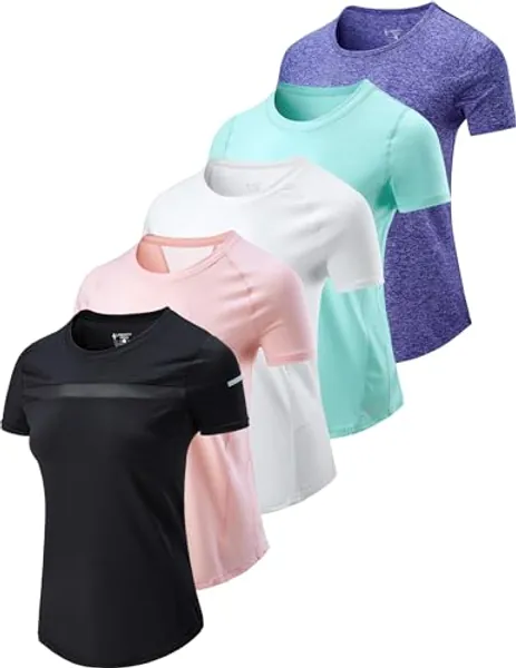 5 Pack: Womens Dry Fit Workout Shirts, Short Sleeve Athletic Gym Tshirts, Ladies Active Long Tees Bulk - Large - Pink/White/Black/Purple/Turquois
