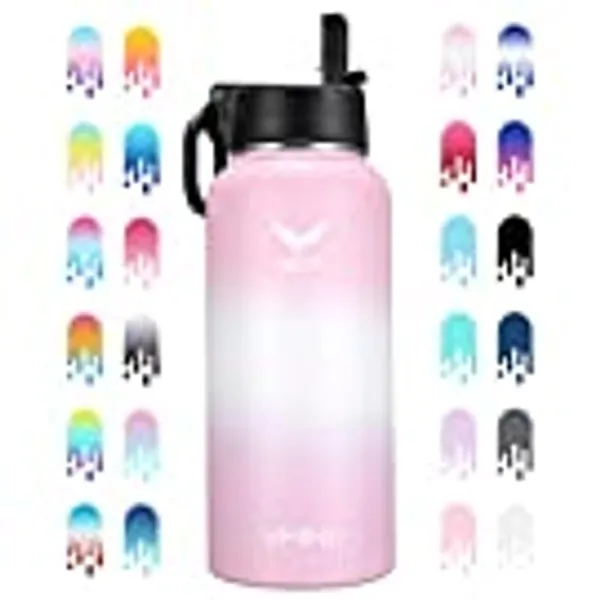 Vmini Water Bottle with New Wide Handle Straw Lid, Wide Mouth Vacuum Insulated 18/8 Stainless Steel, 32 oz, Gradient Pink + White + Pink