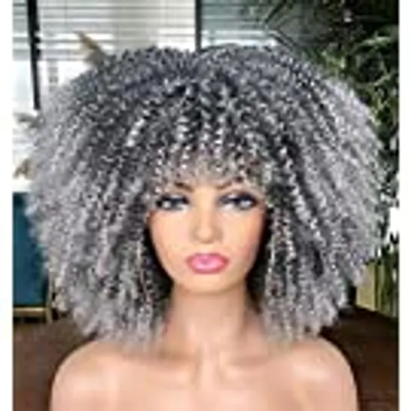Annivia 14inch Afro Kinky Curly Wig with Bangs for Black Women No Glue Full and Fluffy Like a Bomb Short Curly Hair Wigs（Ombre Grey）