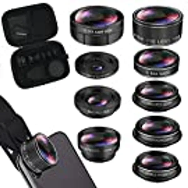 KEYWING Phone Lens Kit 9 in 1 Phone Camera Lens, Zoom Lens+198° Fisheye +0.35X Super Wide-Angle + 20X Macro Lens + 0.63X Wide Lens + CPL +Kaleidoscope Lens +Starburst for iPhone Samsung Android