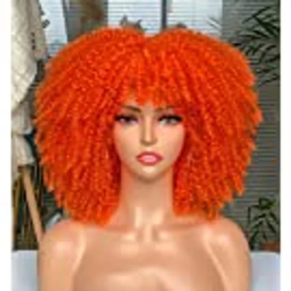 CURLCRAZY Curly Wig with Bangs for Black Women Short Kinky Curly Wig 14inch Afro Hair Halloween Party Christmas Cosplay Wigs (Yellow)