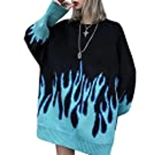 Vamtac Women's Long Sleeve Flame Oversized Sweater Color Block Loose Casual Knitted Jumper Pullover Tops