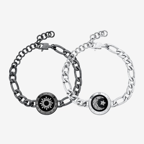 Sun&Moon Touch Bracelets with Figaro Chain(Black+Silver) | Default Title