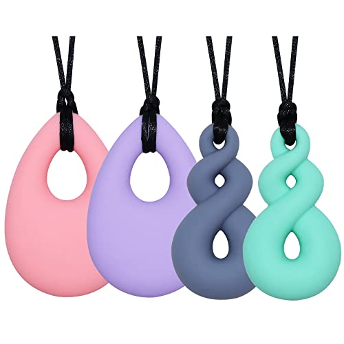 Chew Necklace, Silicone Chew Necklaces for Sensory Kids and Adults, 4 Pack Mouth Fidgets Chewy Necklace Sensory Chew Toys for Boys Girls with Autism Anxiety ADHD, BPA Free