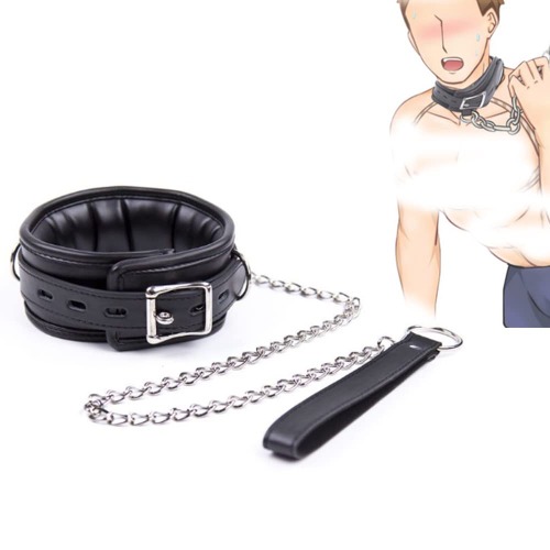 Leren ringrand slot ijzeren ketting tractie halskraag touwhalsband (zwart)