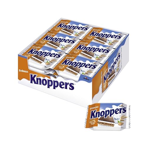 Knoppers Erdnuss – 24 x 25g – Gefüllte Waffelschnitte mit Erdnusscreme, feinsalzigen Erdnussstückchen und leckerer Milchcreme - Erdnuss - 24 x 25g