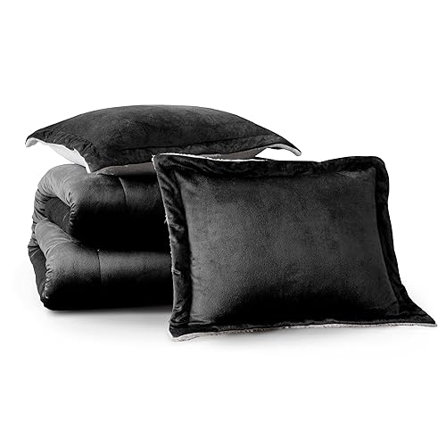 Cathay Home King Comforter Set: Ultra Soft and Plush Reversible Micromink and Sherpa 3-Piece Bedding Set, Black, King (102" x 90") - King - Black