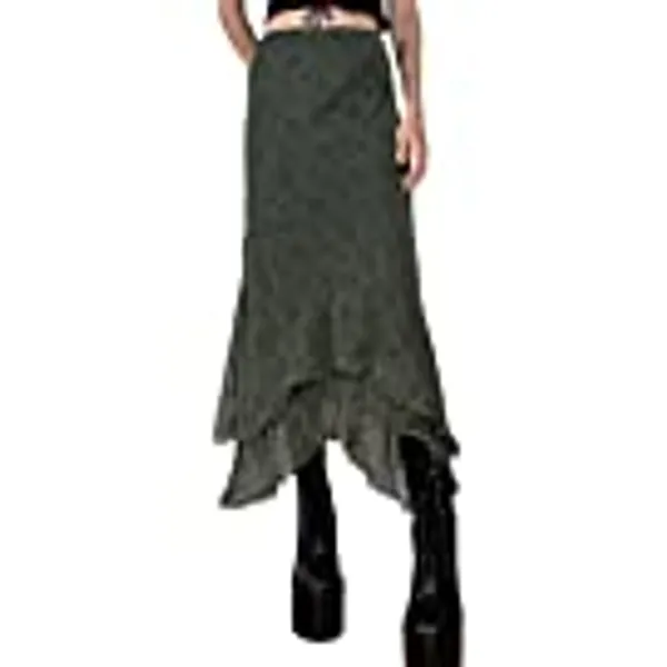 Women Y2K Vintage Floral Printed Midi Skirt 90s E-Girl Grunge A Line Layered High Waist Long Skirt Streetwear