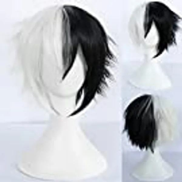 ANOGOL Wig Cap+ Multi-Color Wigs Short Straight Cosplay Wig White and Black Synthetic Wigs for Movie Costume Wig for Halloween Party
