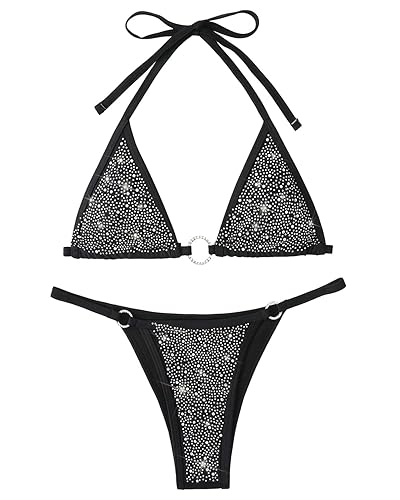 Women's Sparkly Rhinestone Halter Triangle O Ring Top String Thong High Cut Bottom 2 Pieces Bikini Swimsuit Set - 6-8 - Black
