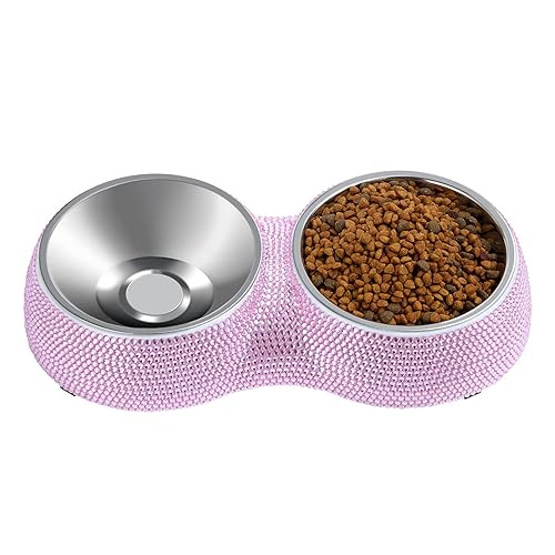 eing Dog Bowls Double Dog Water and Food Bowls Stainless Steel Bowls with Non-Slip Resin Station and Bling Rhinestones, Pet Feeder Bowls for Puppy Medium Dogs Cats Puppy Pets,Pink - Pink
