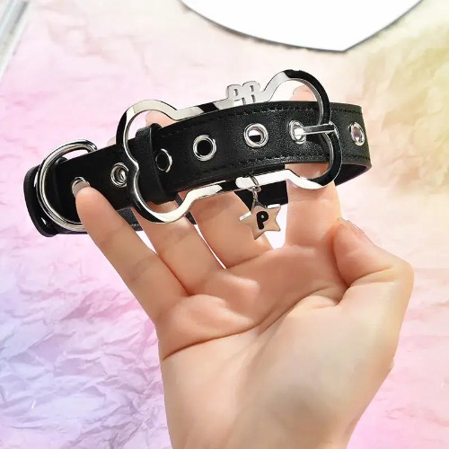 Puppy Bone Collar with Secure Gothic Buckle and Vegan Leather - Black